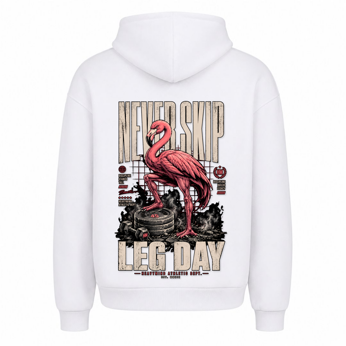 Never Skip Leg Day – Heavy Oversized Hoodie in Weiß, Rückansicht | Heavy Mind