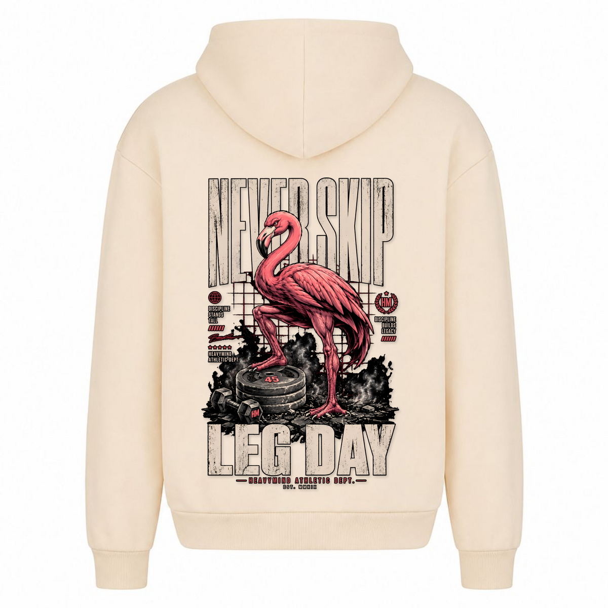 Never Skip Leg Day – Heavy Oversized Hoodie in White Sand, Rückansicht | Heavy Mind