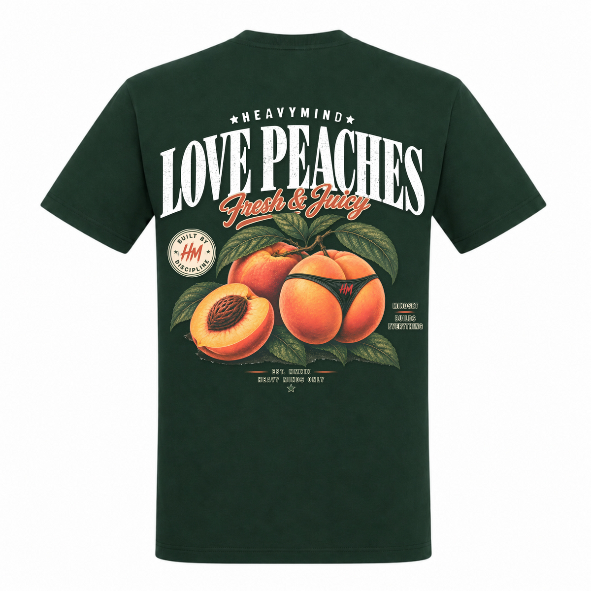 Love Peaches – Fresh & Juicy – Heavy Shirt in Bottle Green, Rückansicht | Heavy Mind