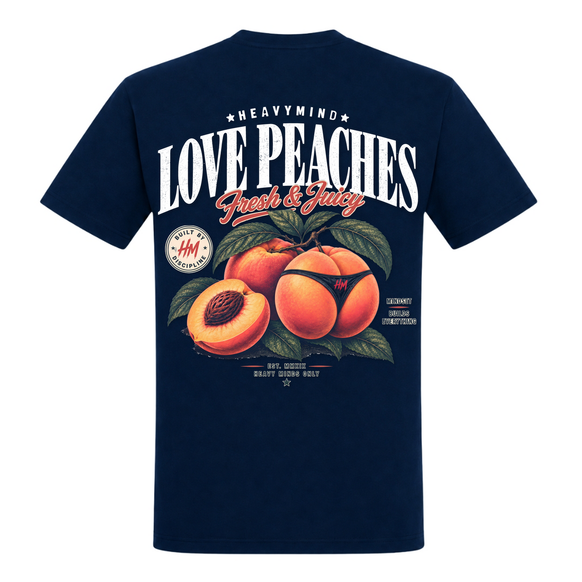 Love Peaches – Fresh & Juicy – Heavy Shirt in French Navy, Rückansicht | Heavy Mind