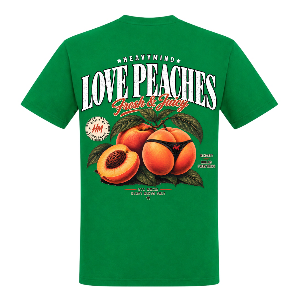 Love Peaches – Fresh & Juicy – Heavy Shirt in Kelly Green, Rückansicht | Heavy Mind