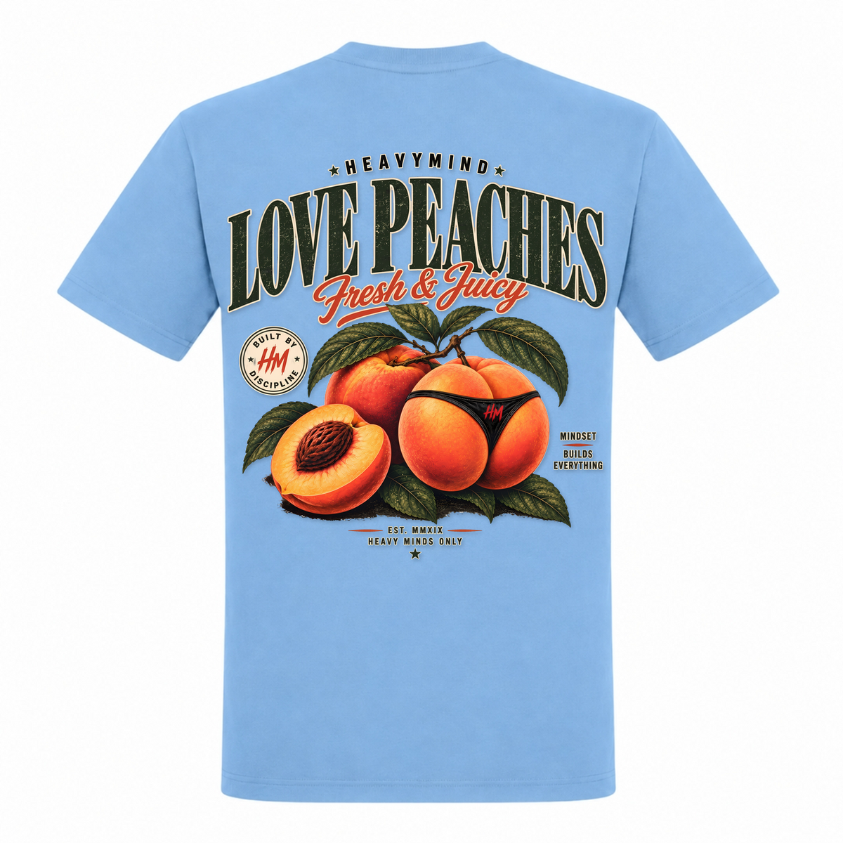 Love Peaches – Fresh & Juicy – Heavy Shirt in Sky Blue, Rückansicht | Heavy Mind