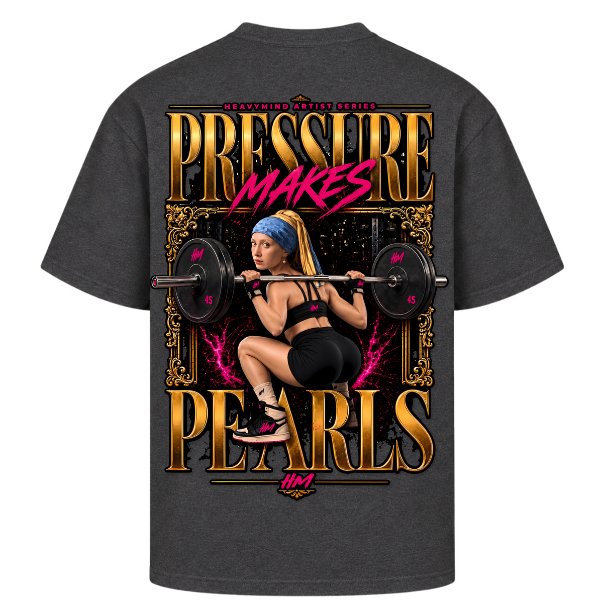 Pressure Makes Pearls – Oversized Tee in Charcoal (Heather), Rückansicht | Heavy Mind