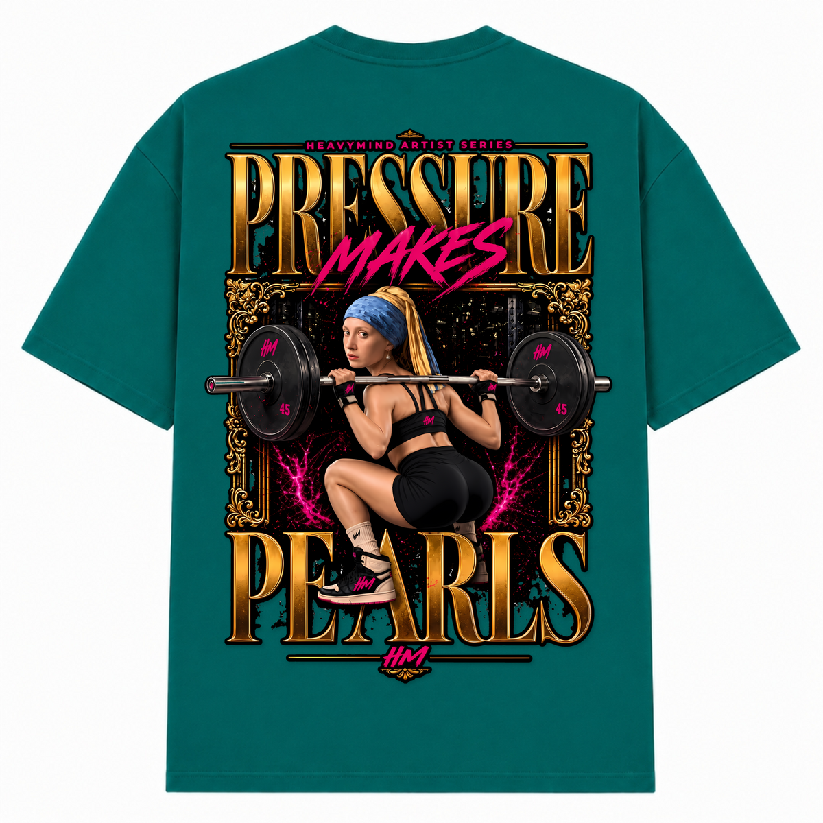 Pressure Makes Pearls – Oversized Tee in Green, Rückansicht | Heavy Mind
