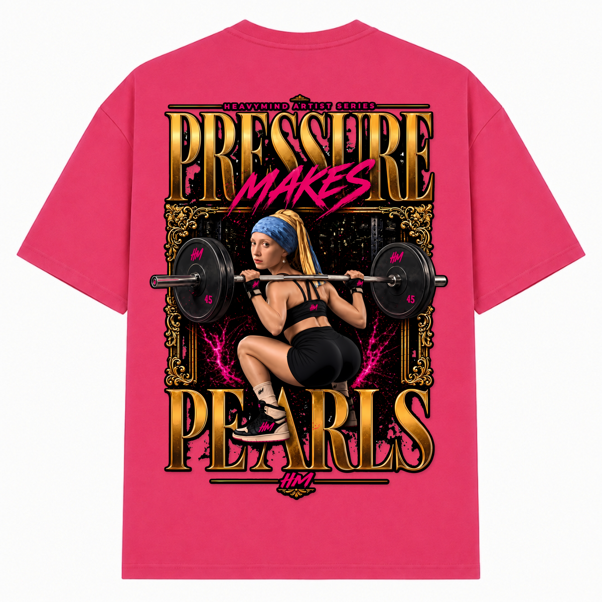 Pressure Makes Pearls – Oversized Tee in Hibiskus Pink, Rückansicht | Heavy Mind