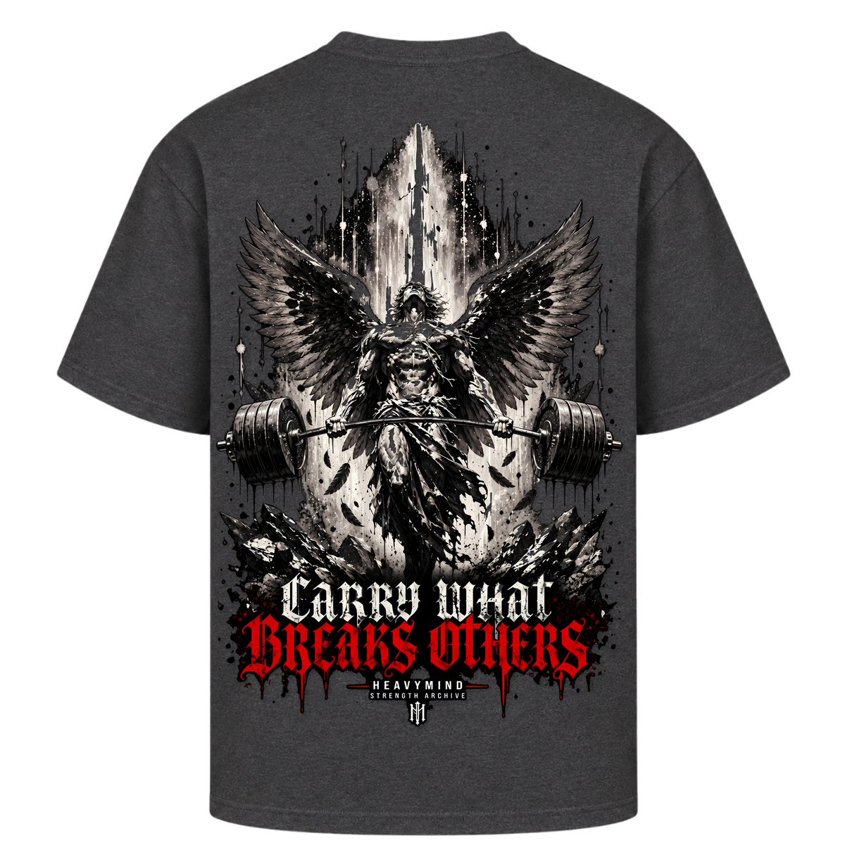 Carry What Breaks Others (Angel) – Oversized Tee in Charcoal (Heather), Rückansicht | Heavy Mind