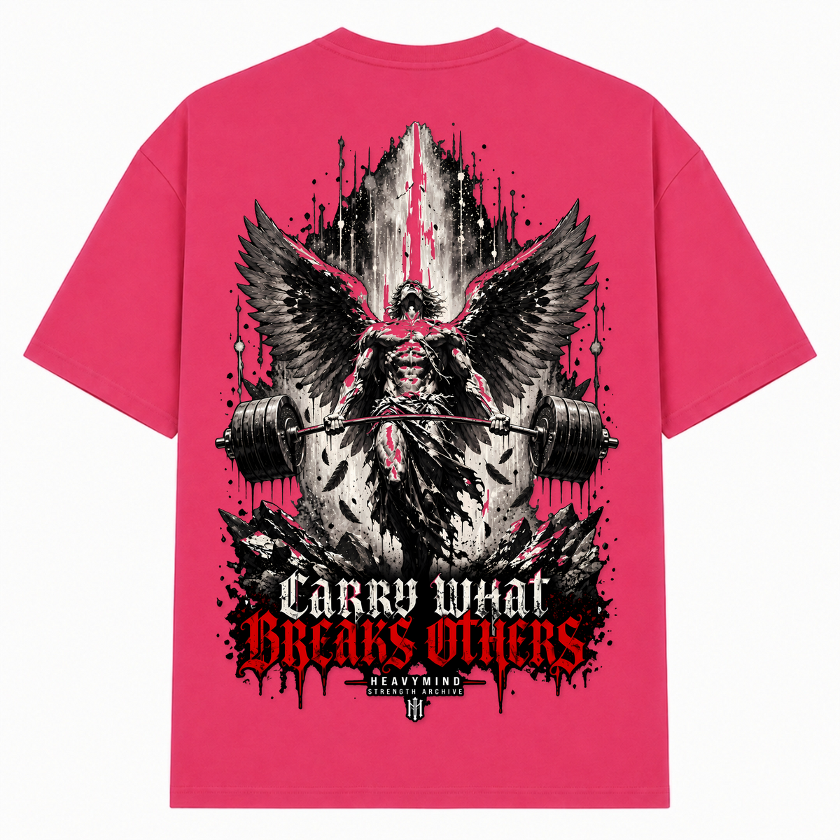 Carry What Breaks Others (Angel) – Oversized Tee in Hibiskus Pink, Rückansicht | Heavy Mind