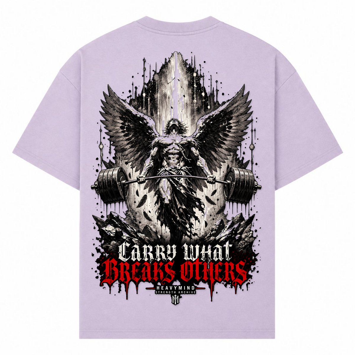 Carry What Breaks Others (Angel) – Oversized Tee in Lilac, Rückansicht | Heavy Mind