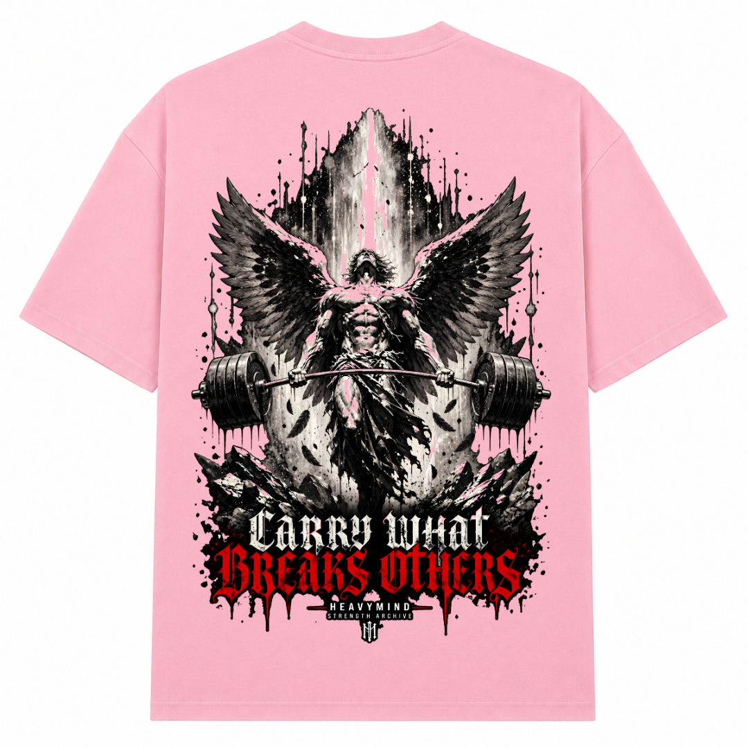 Carry What Breaks Others (Angel) – Oversized Tee in Soft Pink, Rückansicht | Heavy Mind