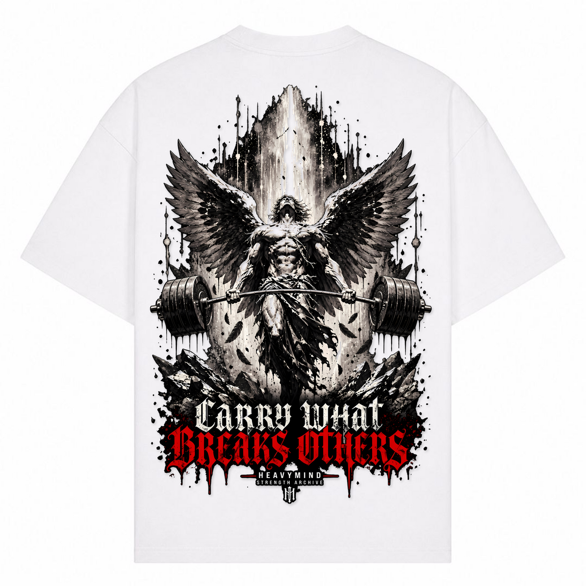Carry What Breaks Others (Angel) – Oversized Tee in Weiß, Rückansicht | Heavy Mind