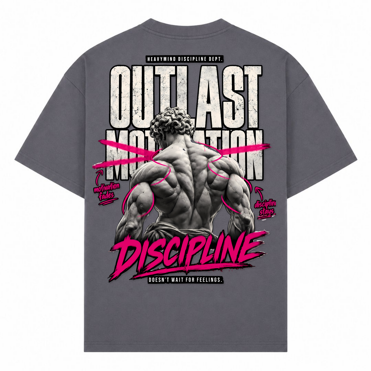Outlast Motivation – Discipline – Oversized Tee in Dark Grey, Rückansicht | Heavy Mind