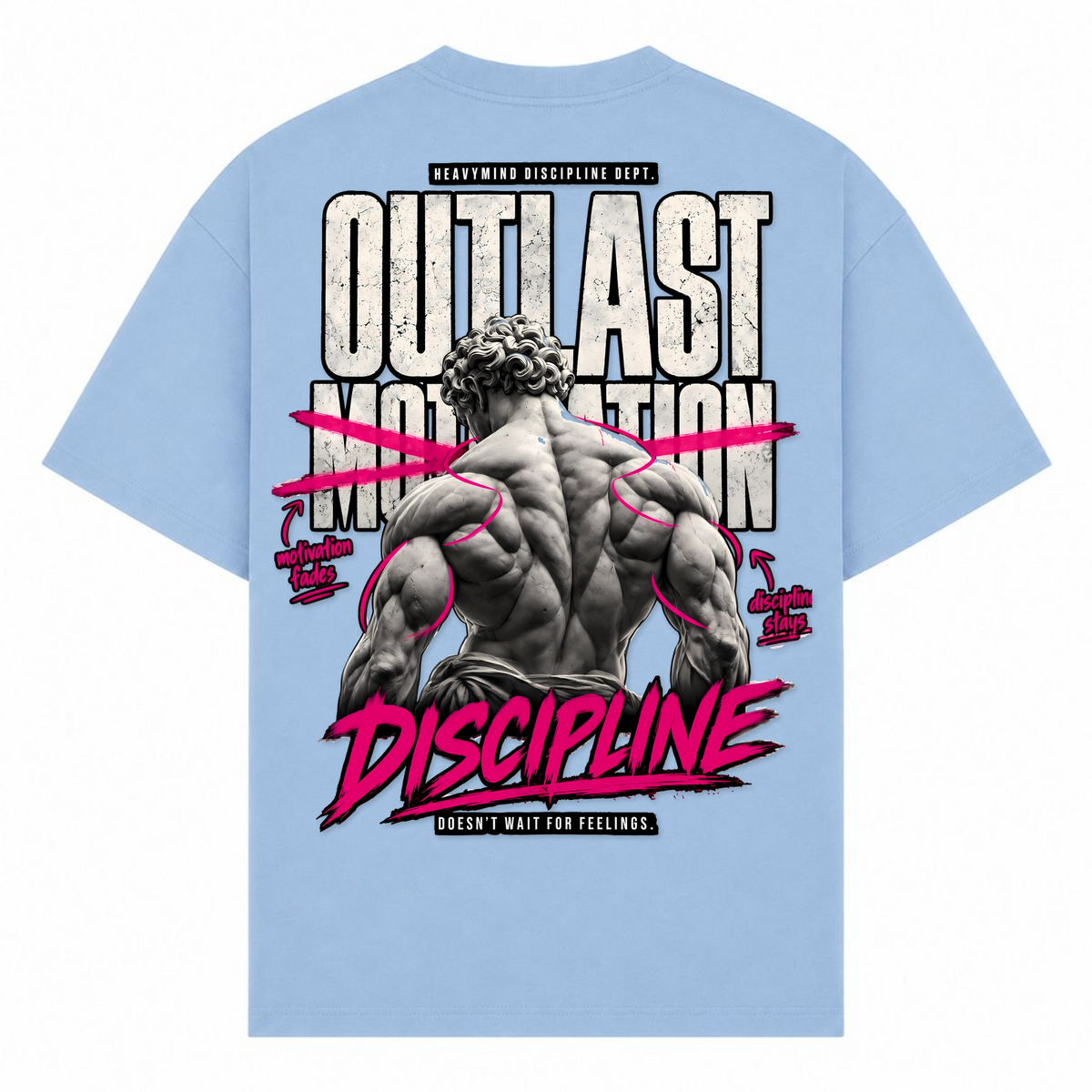 Outlast Motivation – Discipline – Oversized Tee in Powder Blue, Rückansicht | Heavy Mind