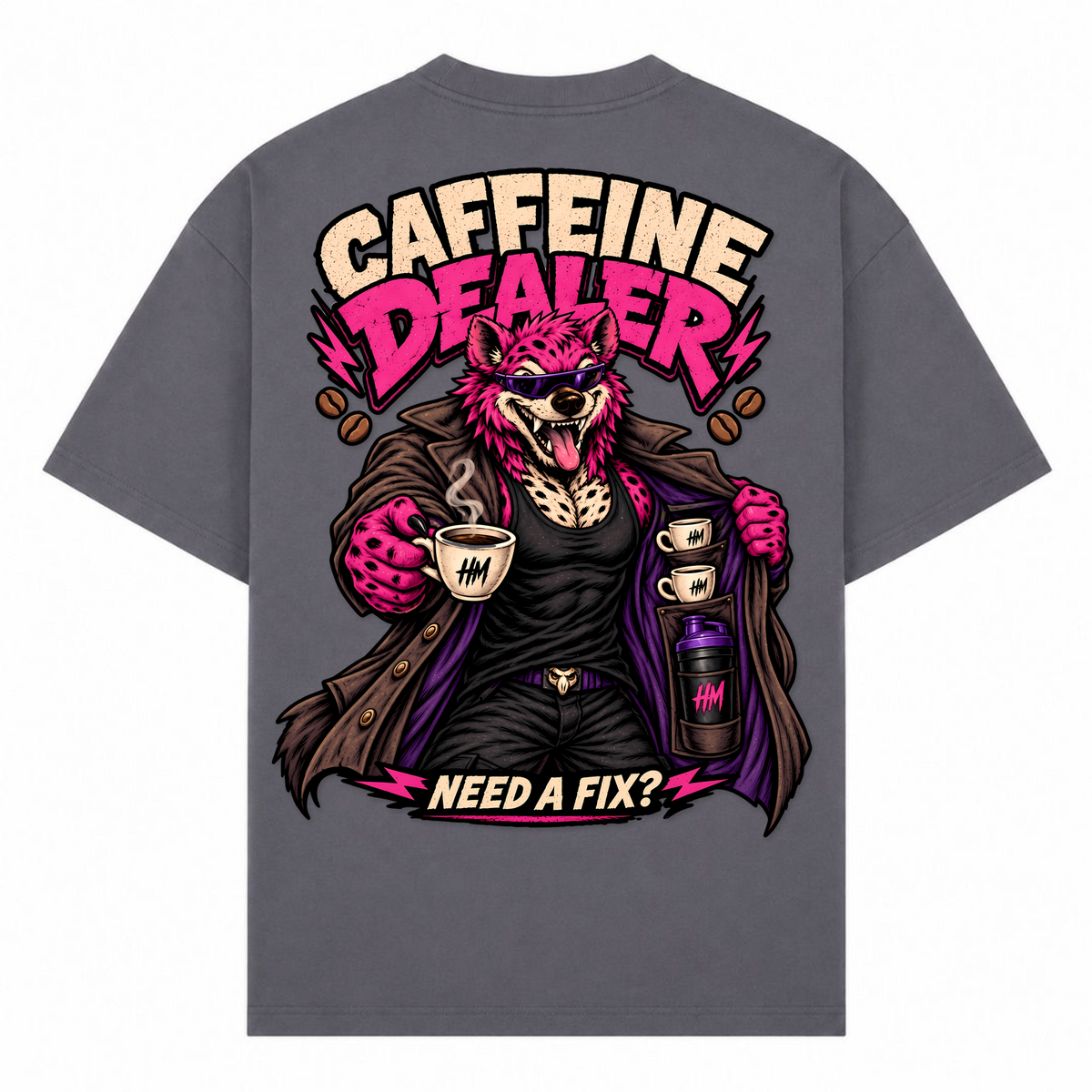 Caffeine Dealer – Need a Fix? – Oversized Tee in Dark Grey, Rückansicht | Heavy Mind