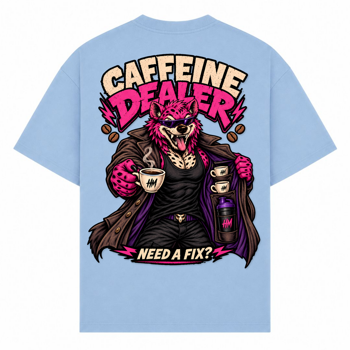 Caffeine Dealer – Need a Fix? – Oversized Tee in Powder Blue, Rückansicht | Heavy Mind