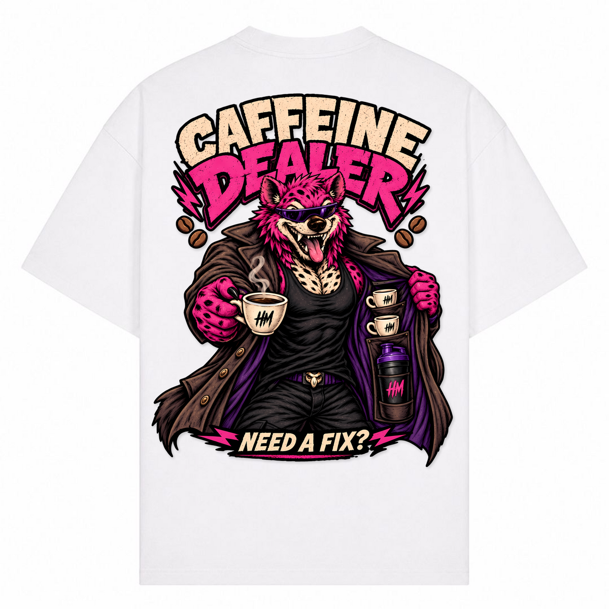 Caffeine Dealer – Need a Fix? – Oversized Tee in Weiß, Rückansicht | Heavy Mind