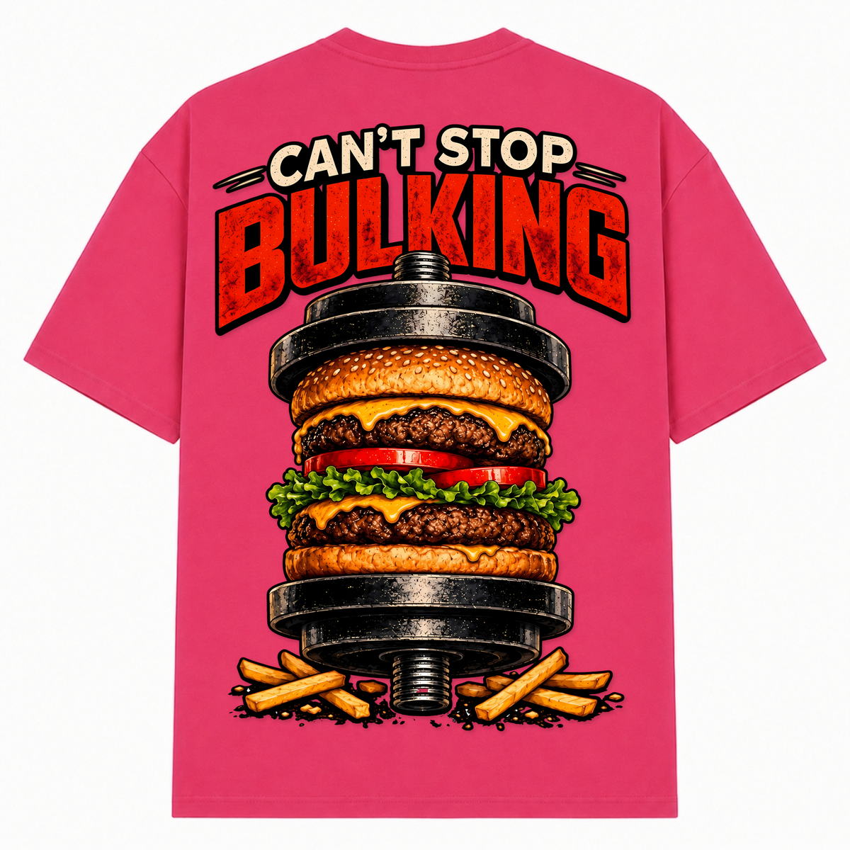 Can't Stop Bulking – Oversized Tee in Hibiskus Pink, Rückansicht | Heavy Mind