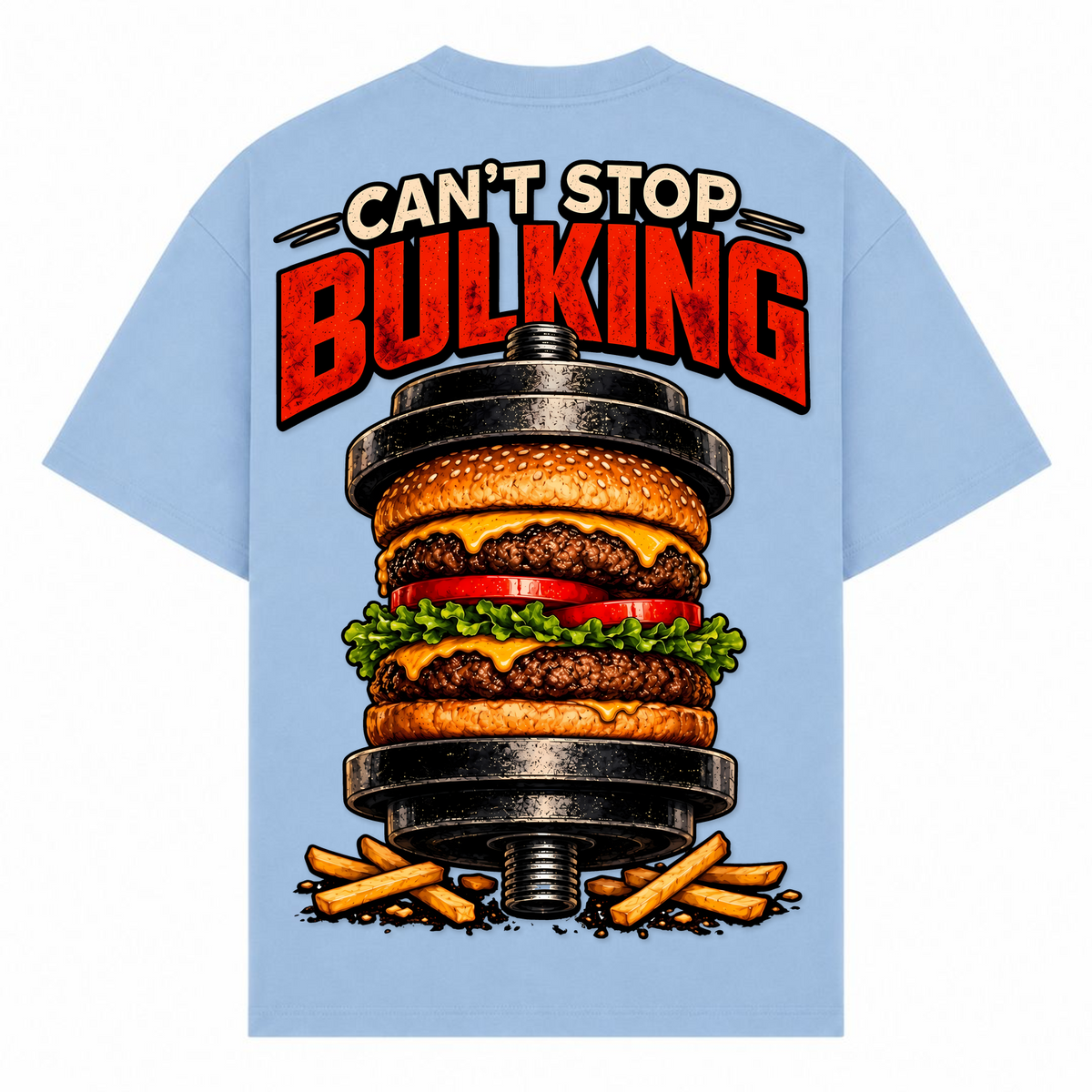 Can't Stop Bulking – Oversized Tee in Powder Blue, Rückansicht | Heavy Mind