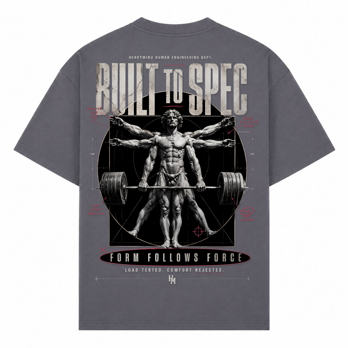 Built to Spec – Form Follows Force – Oversized Tee in Dark Grey, Rückansicht | Heavy Mind
