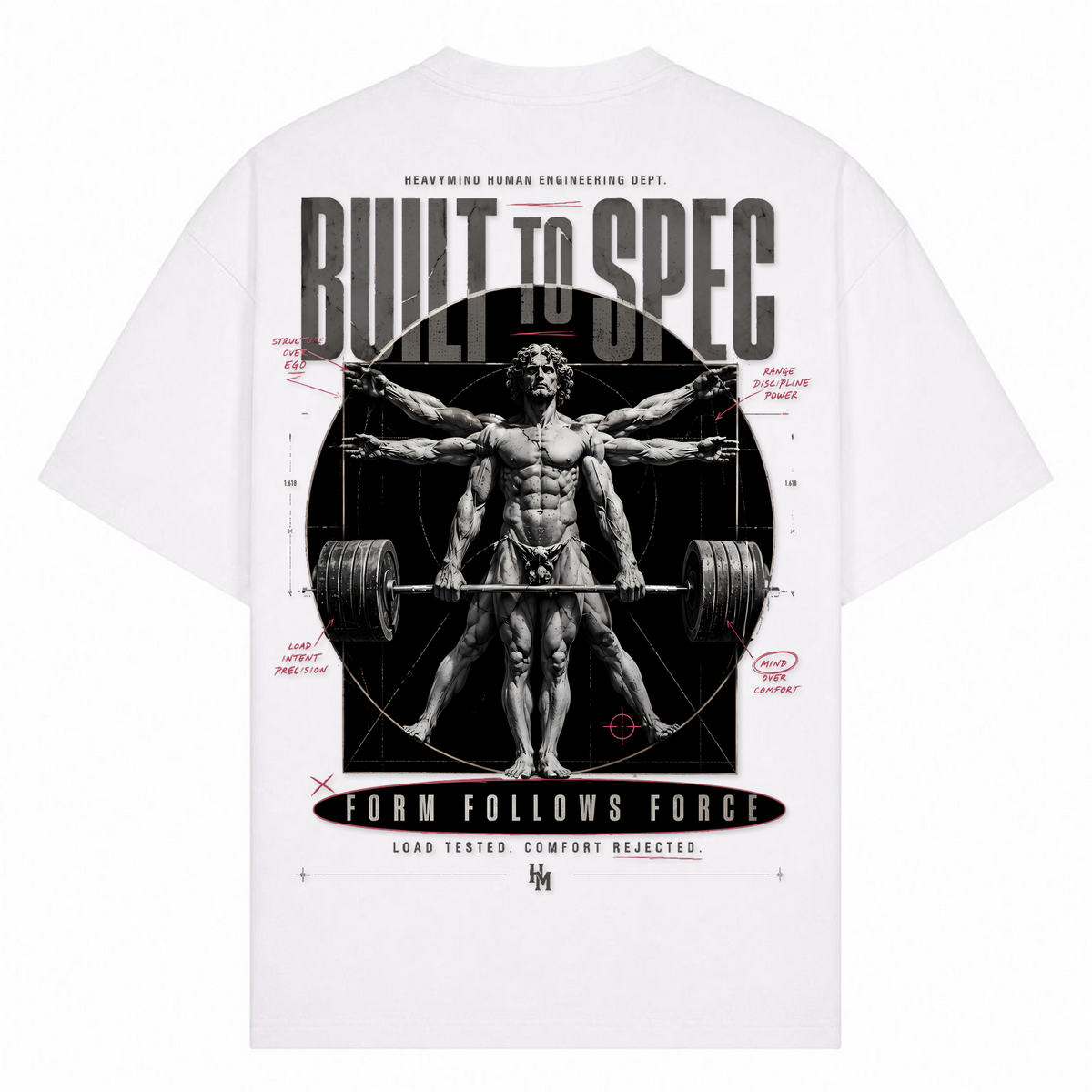 Built to Spec – Form Follows Force – Oversized Tee in Weiß, Rückansicht | Heavy Mind