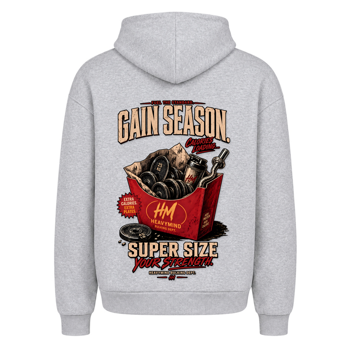 Gain Season – Super Size Your Strength – Heavy Oversized Hoodie in Heather Grey, Rückansicht | Heavy Mind