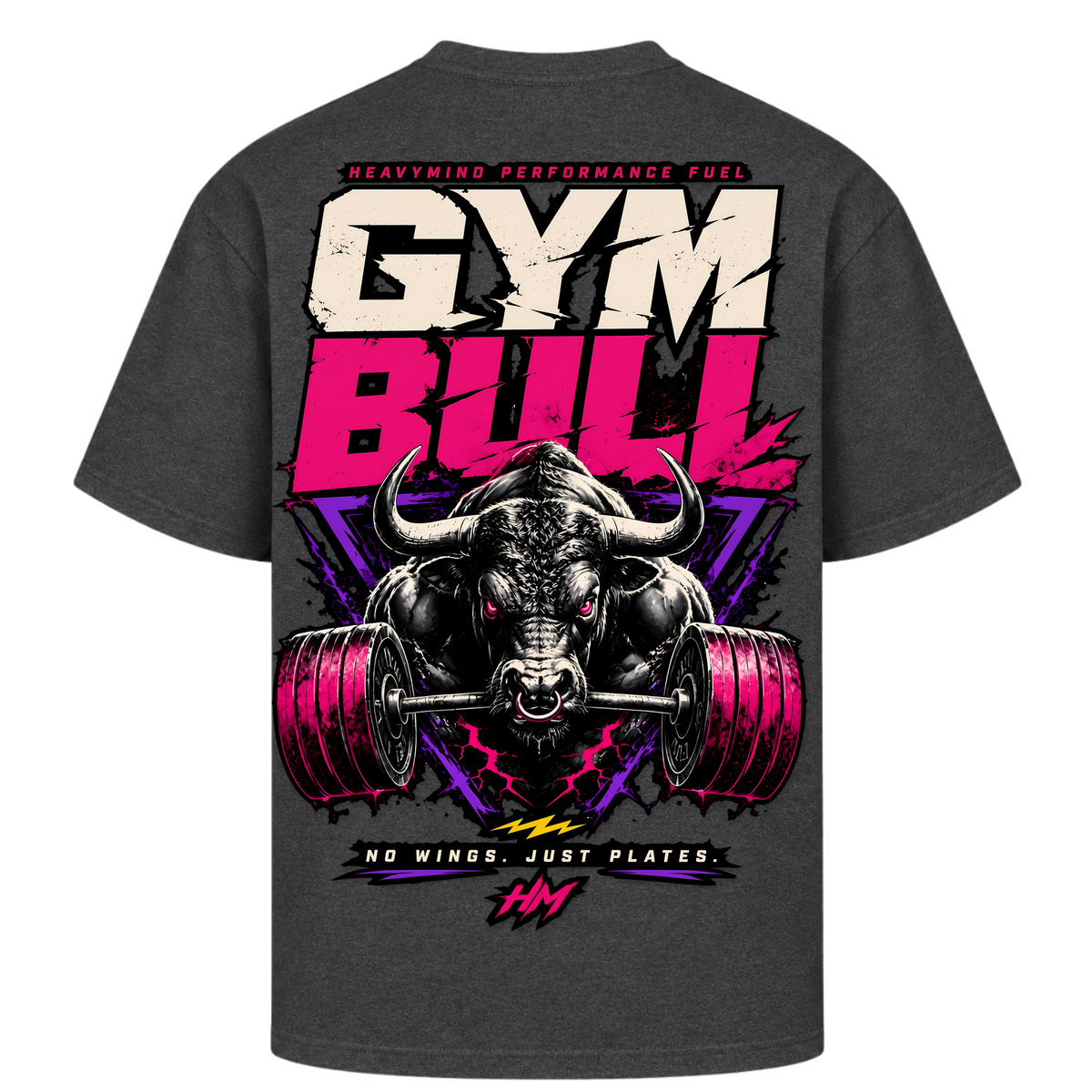 Gym Bull – No Wings, Just Plates – Oversized Tee in Charcoal (Heather), Rückansicht | Heavy Mind