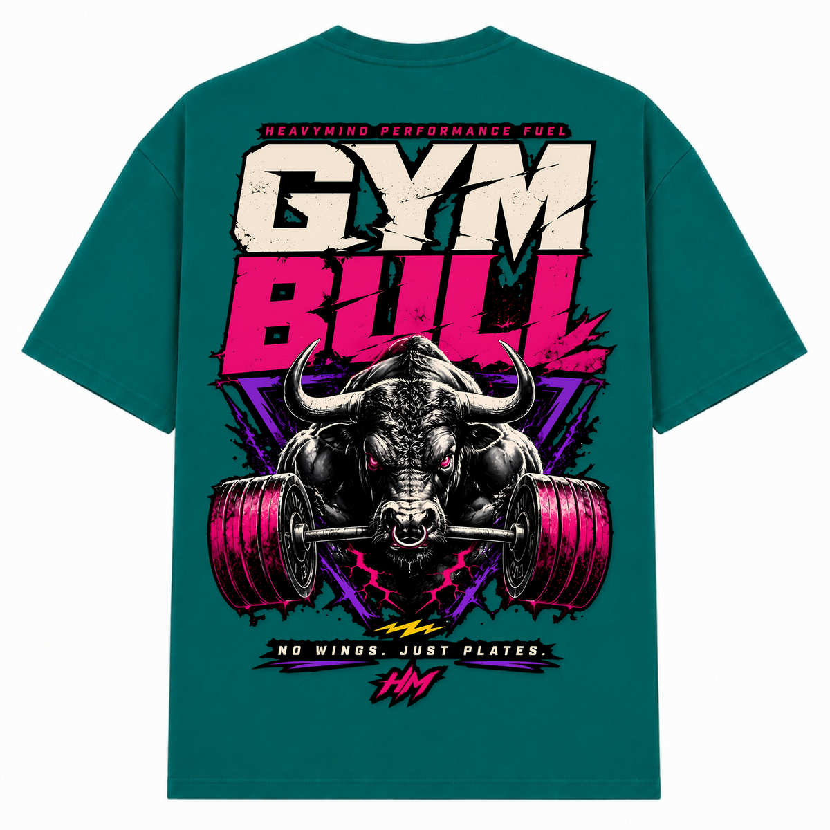 Gym Bull – No Wings, Just Plates – Oversized Tee in Green, Rückansicht | Heavy Mind