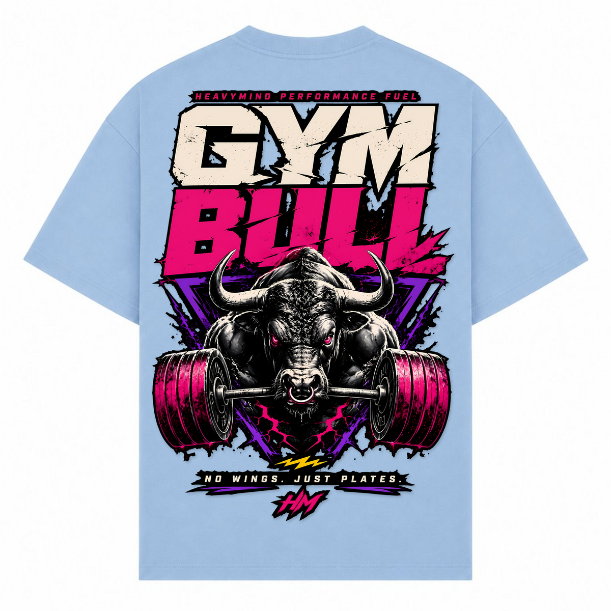 Gym Bull – No Wings, Just Plates – Oversized Tee in Powder Blue, Rückansicht | Heavy Mind