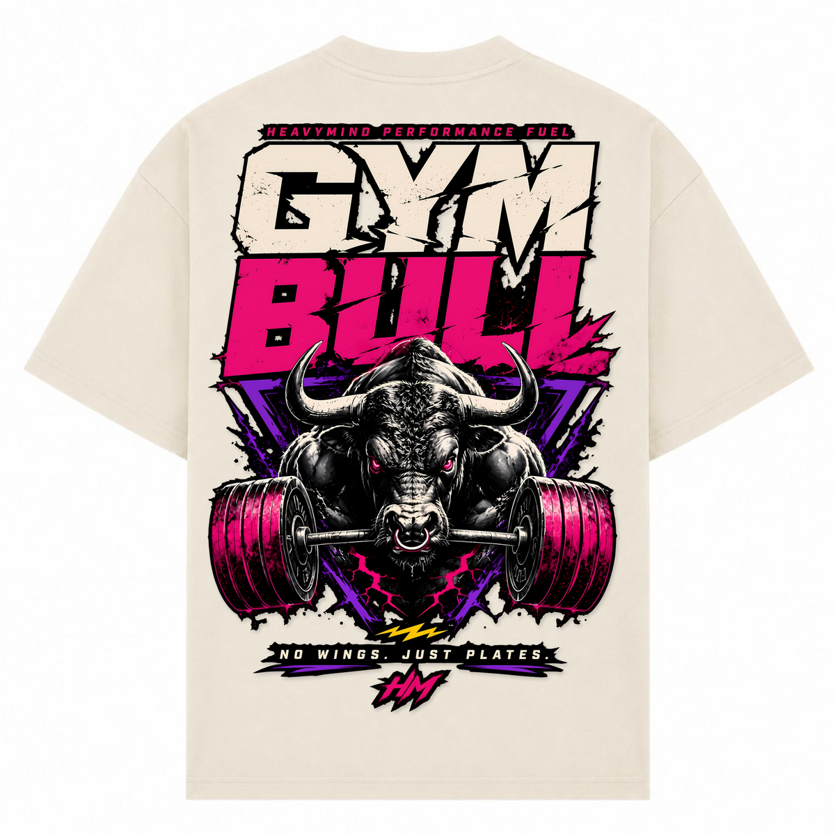 Gym Bull – No Wings, Just Plates – Oversized Tee in Sand, Rückansicht | Heavy Mind