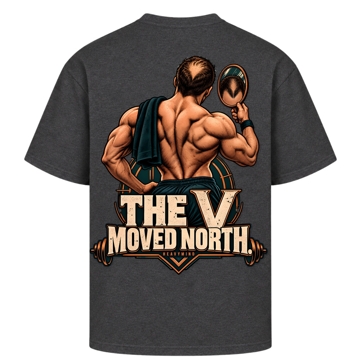 The V Moved North – Oversized Tee in Charcoal (Heather), Rückansicht | Heavy Mind