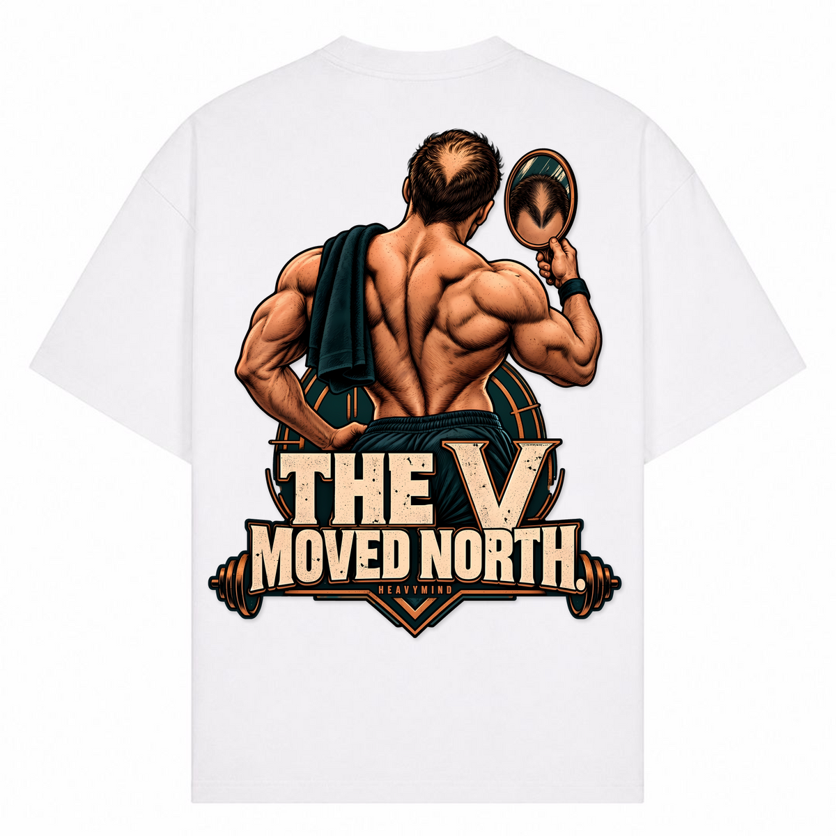 The V Moved North – Oversized Tee in Weiß, Rückansicht | Heavy Mind