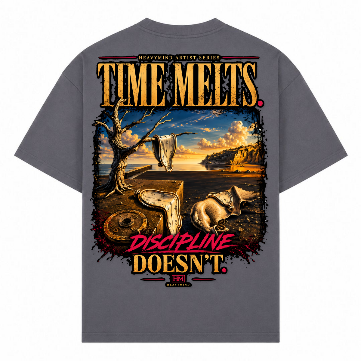 Time Melts, Discipline Doesn't – Oversized Tee in Dark Grey, Rückansicht | Heavy Mind