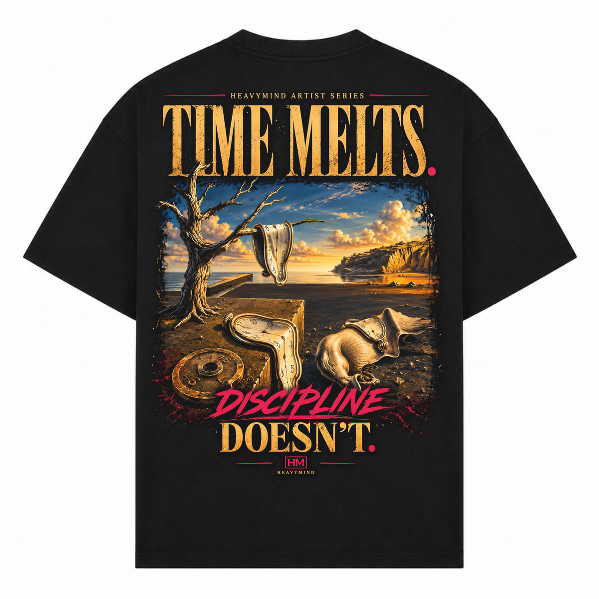Time Melts, Discipline Doesn't – Oversized Tee in Schwarz, Rückansicht | Heavy Mind