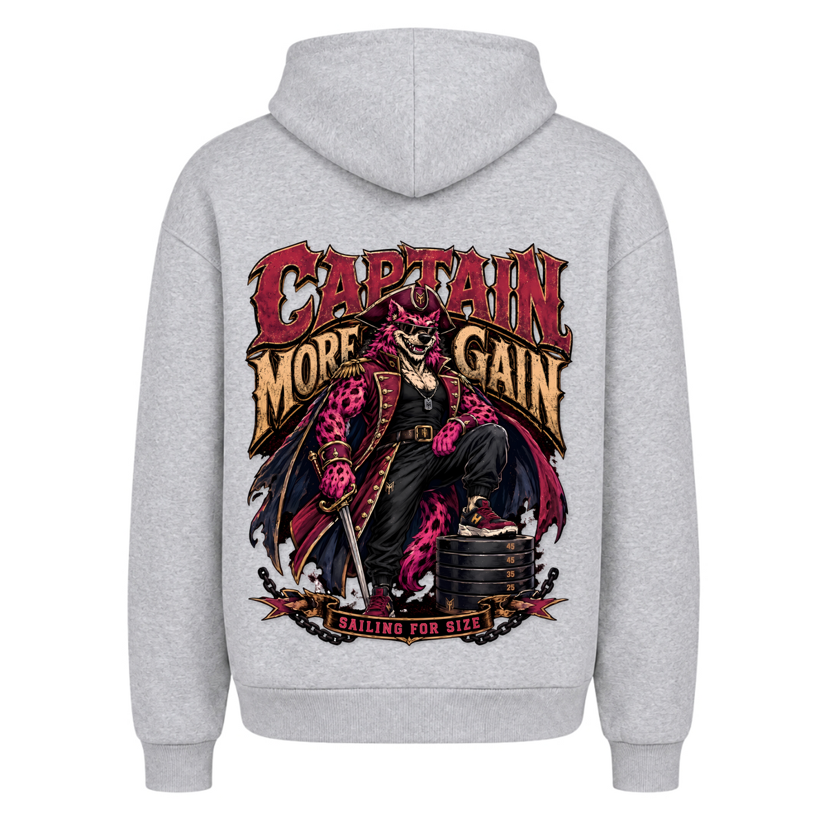 Captain More Gain – Heavy Oversized Hoodie in Heather Grey, Rückansicht | Heavy Mind
