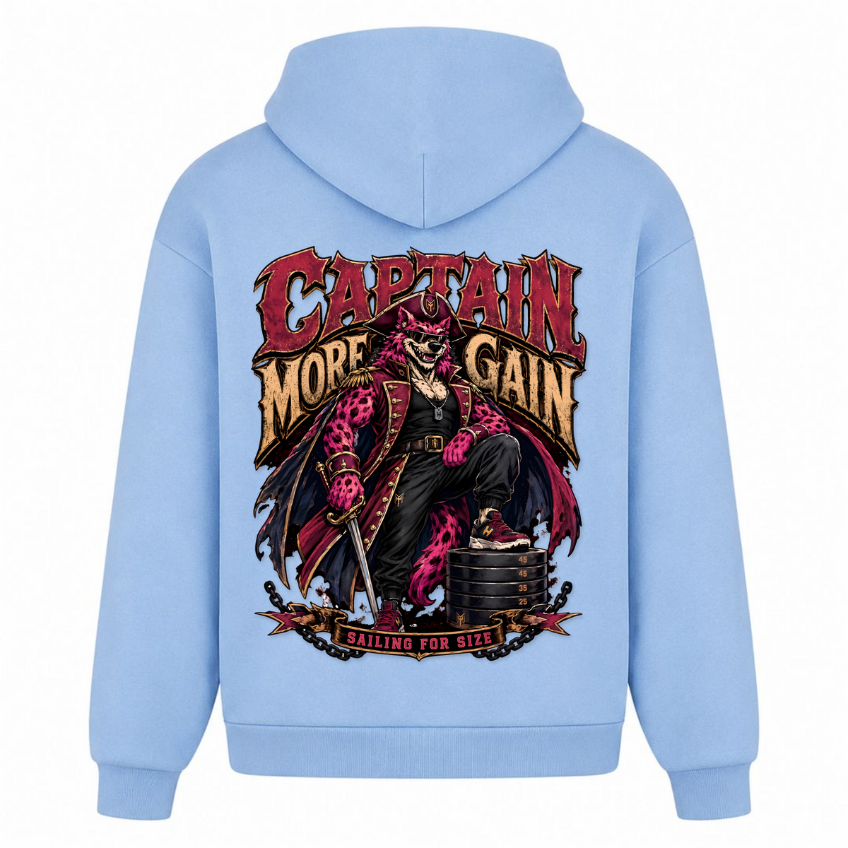 Captain More Gain – Heavy Oversized Hoodie in Powder Blue, Rückansicht | Heavy Mind