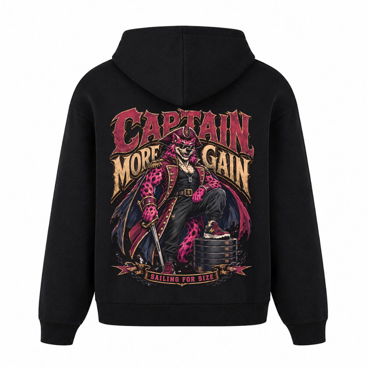 Captain More Gain – Heavy Oversized Hoodie in Schwarz, Rückansicht | Heavy Mind