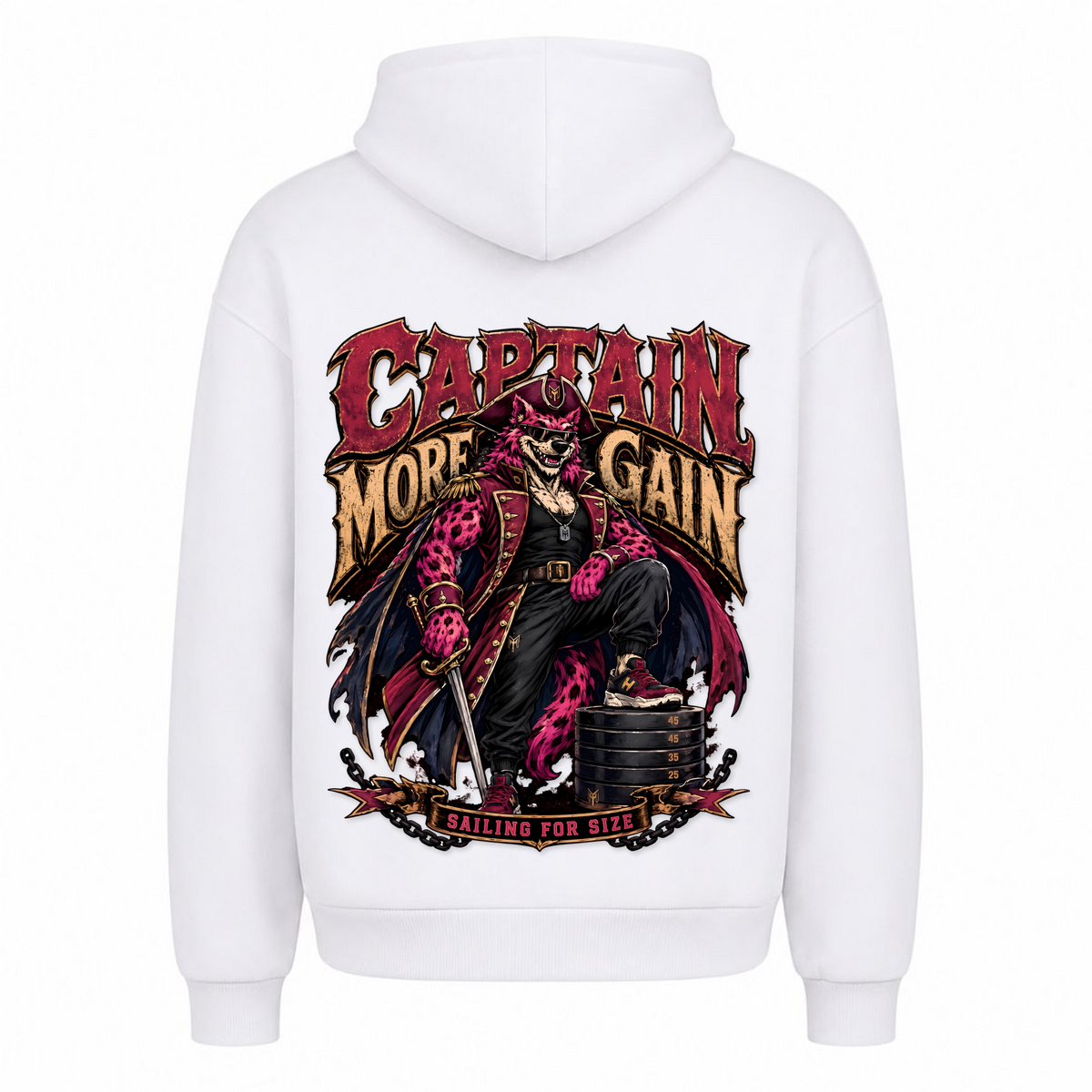Captain More Gain – Heavy Oversized Hoodie in Weiß, Rückansicht | Heavy Mind
