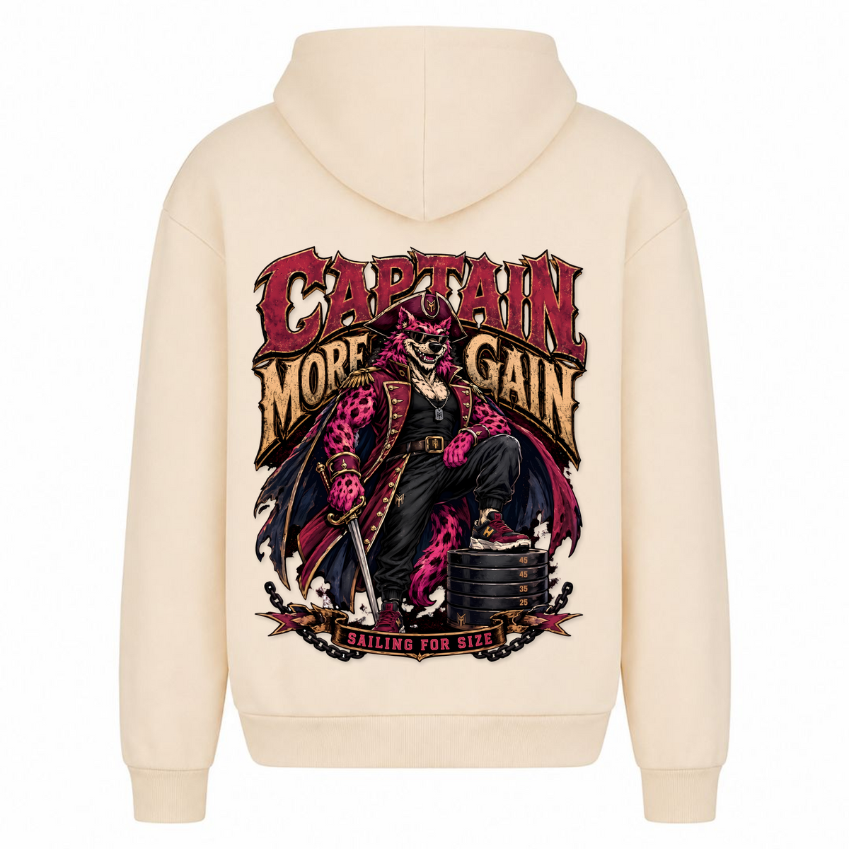Captain More Gain – Heavy Oversized Hoodie in White Sand, Rückansicht | Heavy Mind
