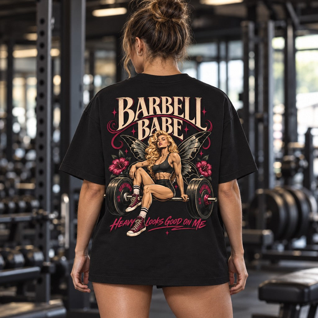 Barbell Babe – Oversized Tee in Schwarz, am Model, Rückansicht | Heavy Mind