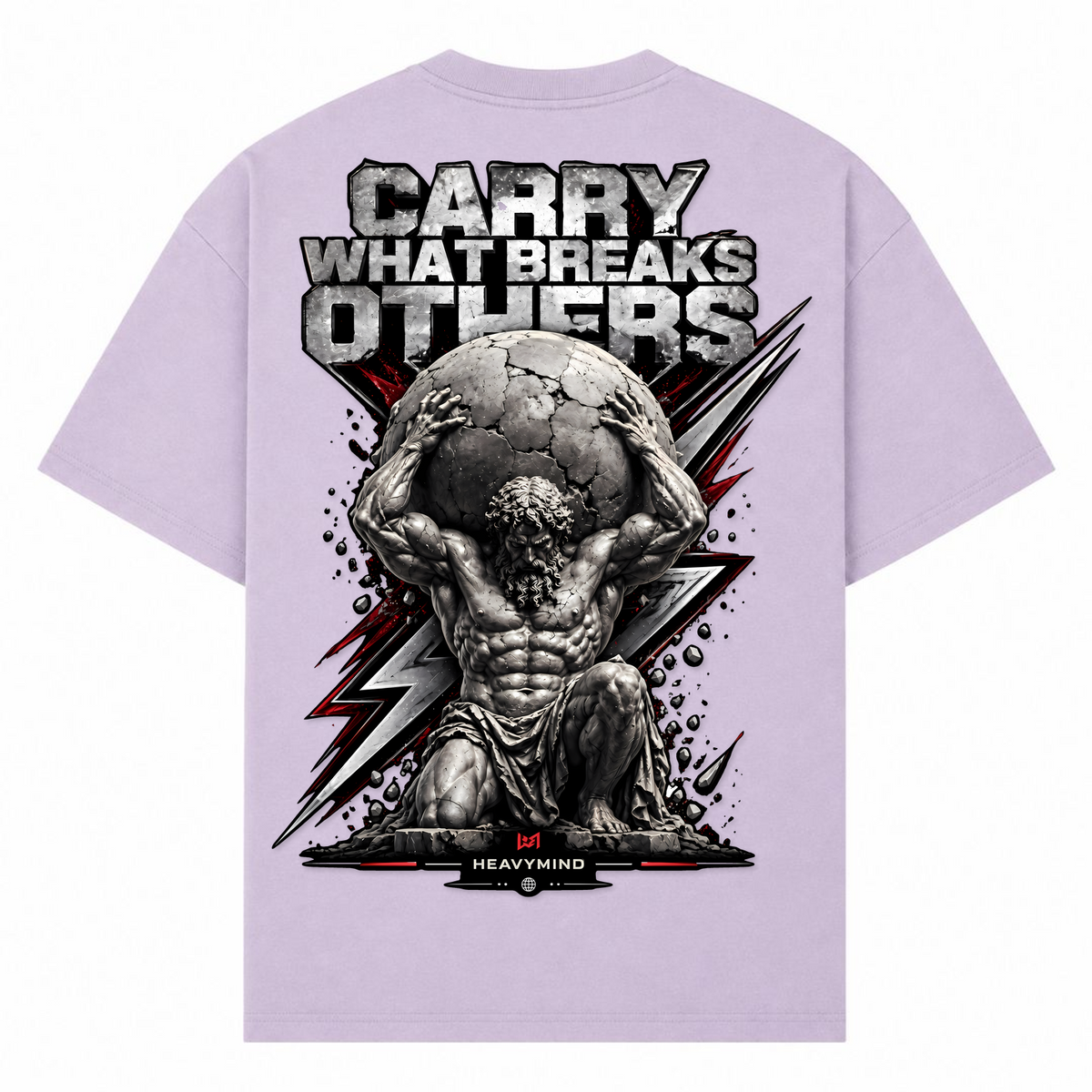 Carry What Breaks Others (Atlas) – Oversized Tee in Lilac, Rückansicht | Heavy Mind
