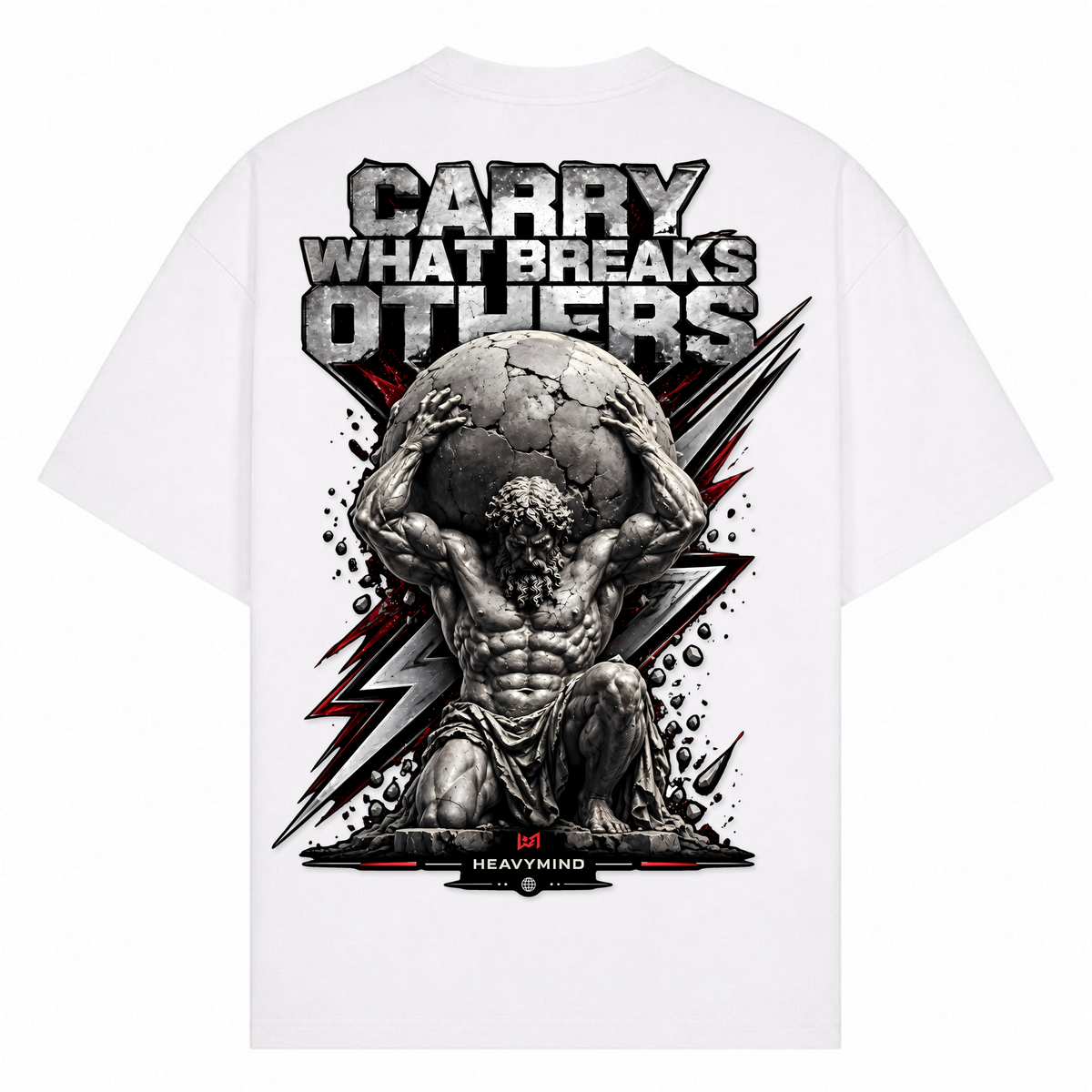 Carry What Breaks Others (Atlas) – Oversized Tee in Weiß, Rückansicht | Heavy Mind