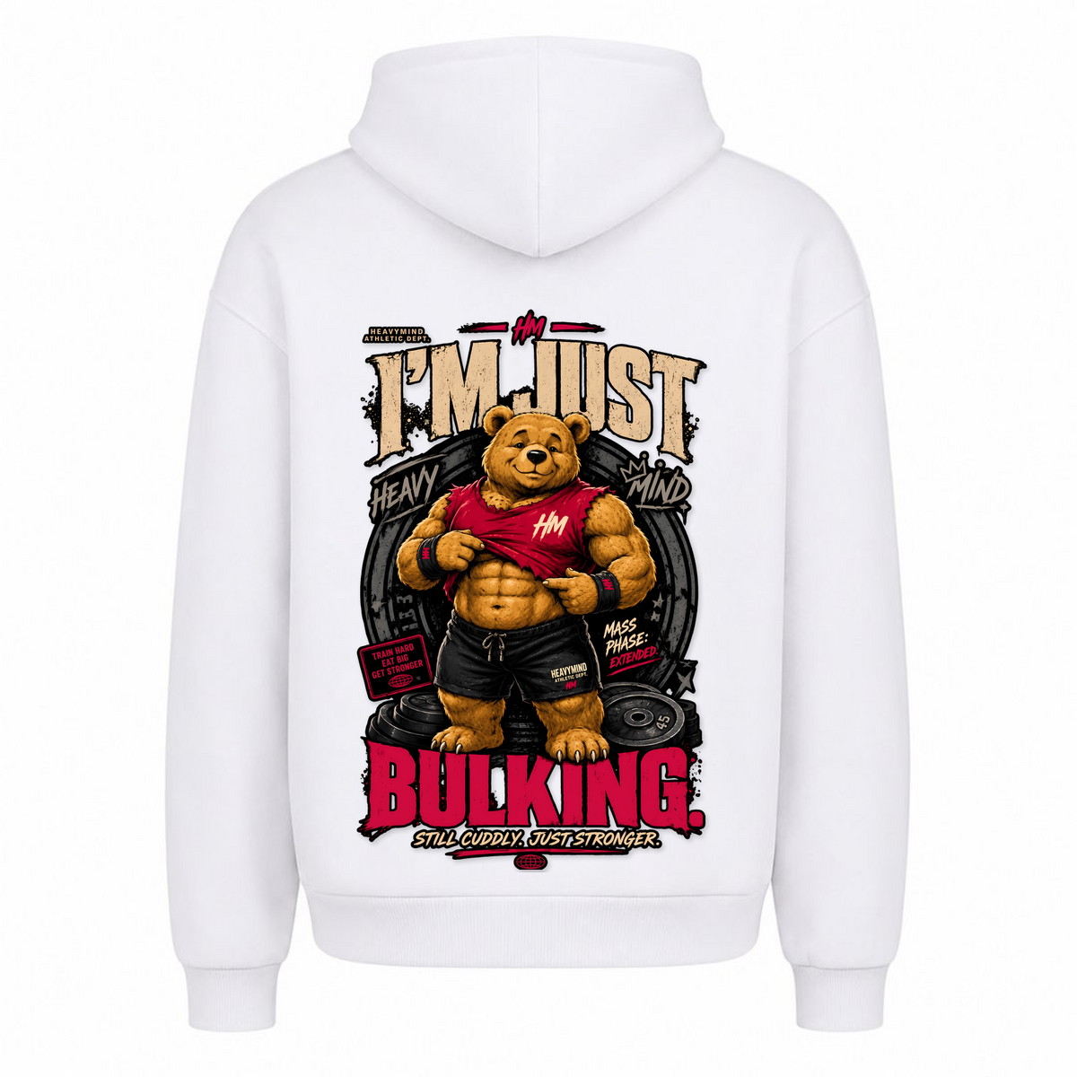 I'm Just Bulking – Heavy Oversized Hoodie in Weiß, Rückansicht | Heavy Mind