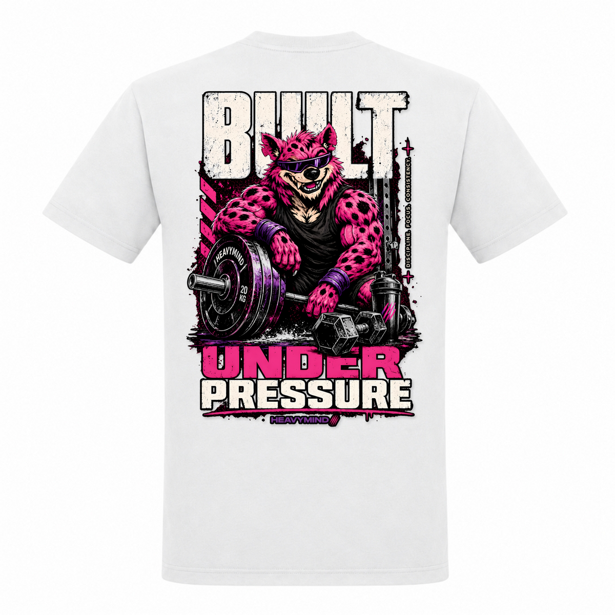 Built Under Pressure (Hyena) – Heavy Shirt in Weiß, Rückansicht | Heavy Mind