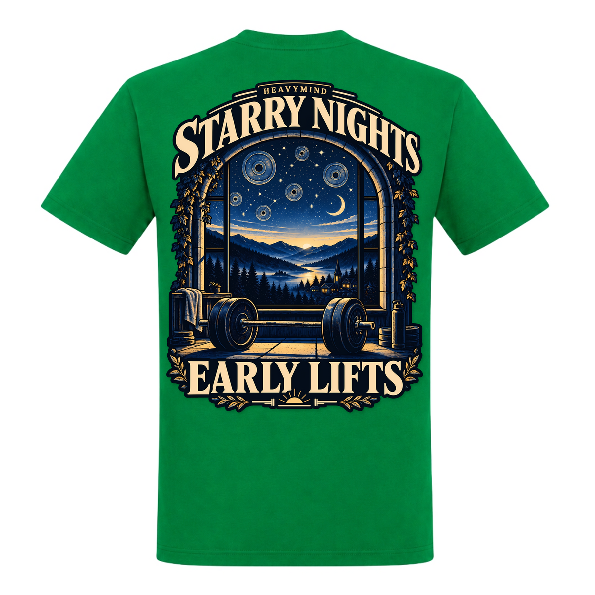 Starry Nights, Early Lifts – Heavy Shirt in Kelly Green, Rückansicht | Heavy Mind