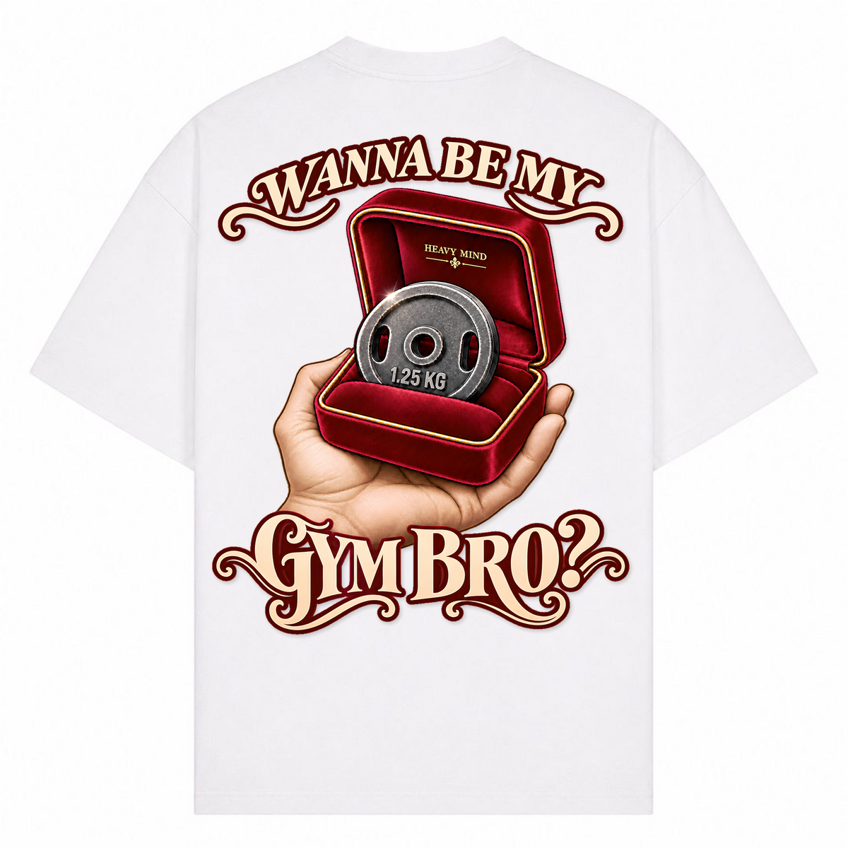 Wanna Be My Gym Bro? – Oversized Tee in Weiß, Rückansicht | Heavy Mind