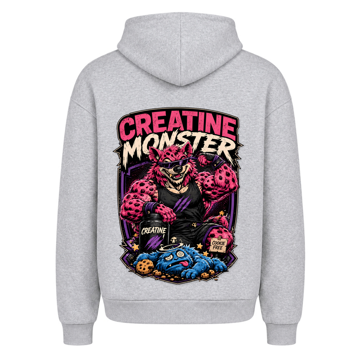 Creatine Monster – Heavy Oversized Hoodie in Heather Grey, Rückansicht | Heavy Mind