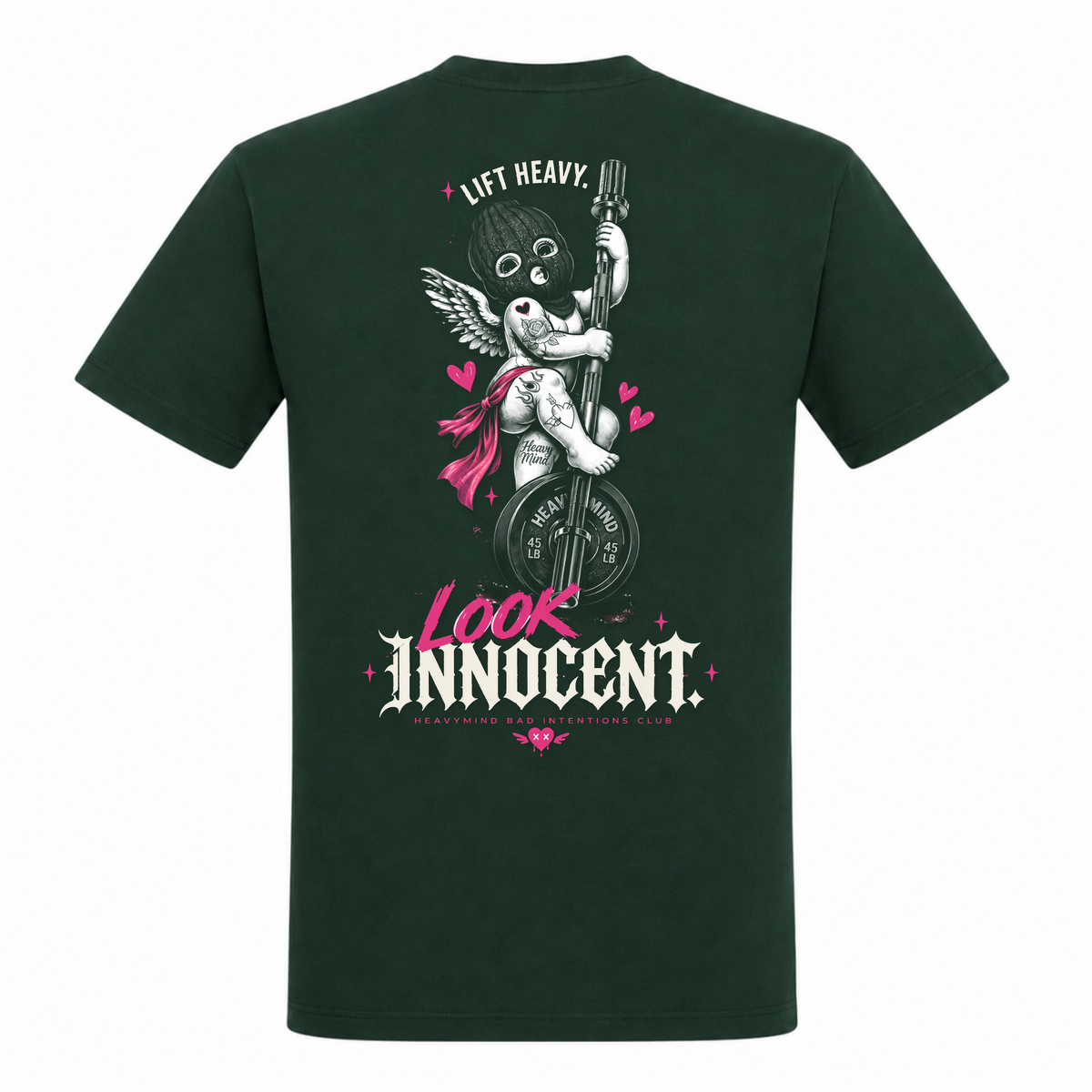 Lift Heavy, Look Innocent – Heavy Shirt in Bottle Green, Rückansicht | Heavy Mind
