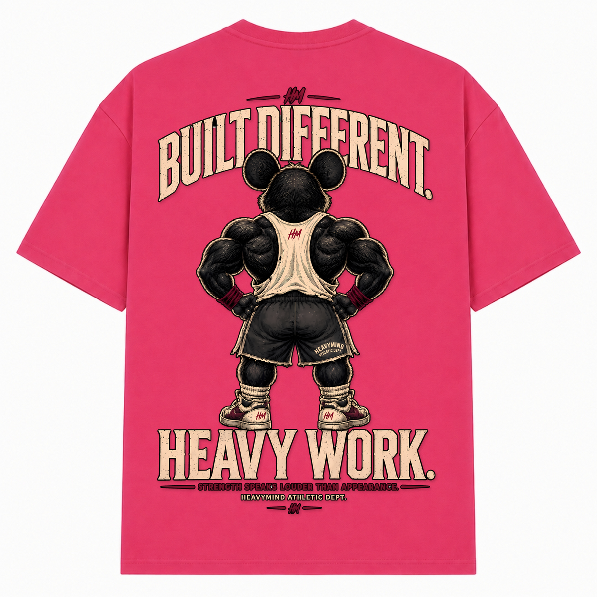 Built Different – Heavy Work – Oversized Tee in Hibiskus Pink, Rückansicht | Heavy Mind