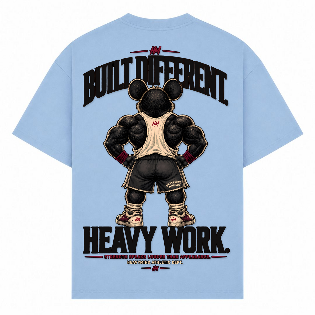 Built Different – Heavy Work – Oversized Tee in Powder Blue, Rückansicht | Heavy Mind