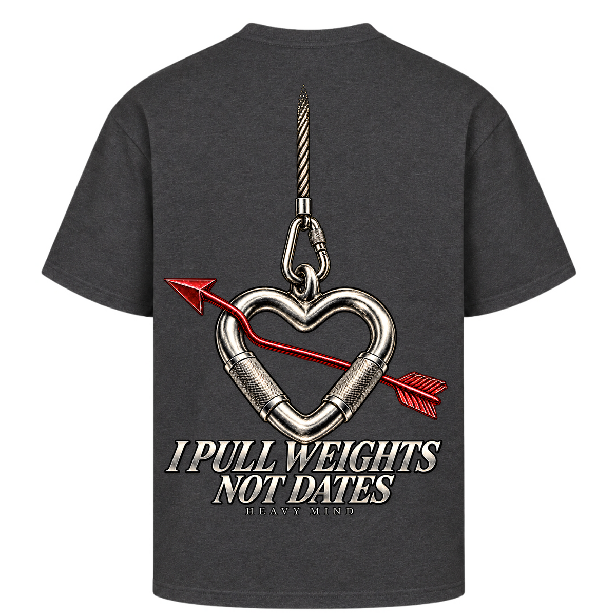 I Pull Weights Not Dates – Oversized Tee in Charcoal (Heather), Rückansicht | Heavy Mind
