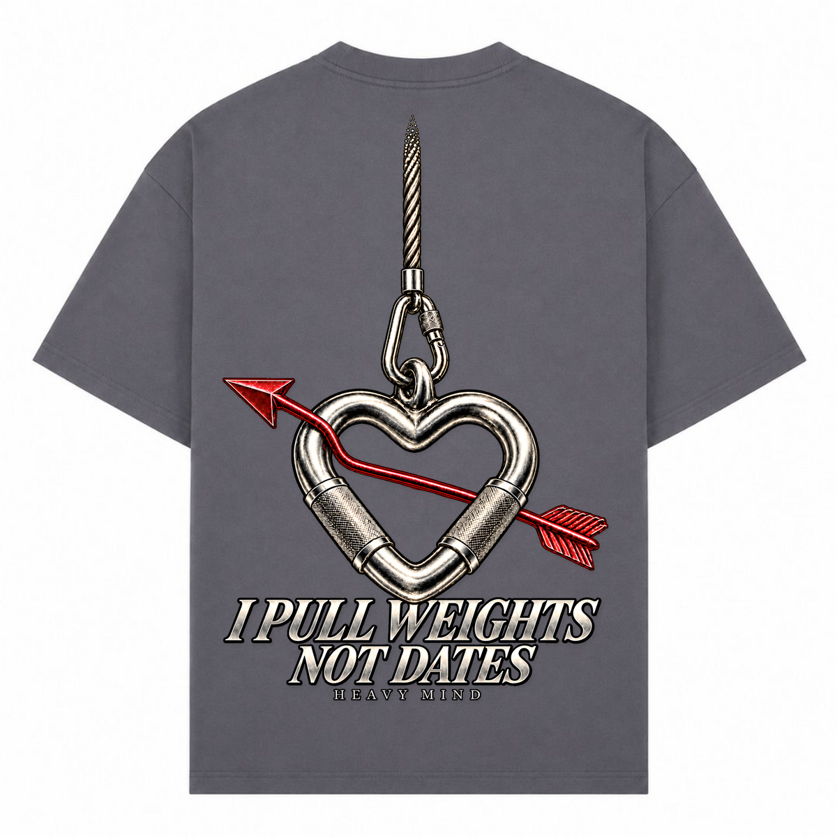 I Pull Weights Not Dates – Oversized Tee in Dark Grey, Rückansicht | Heavy Mind